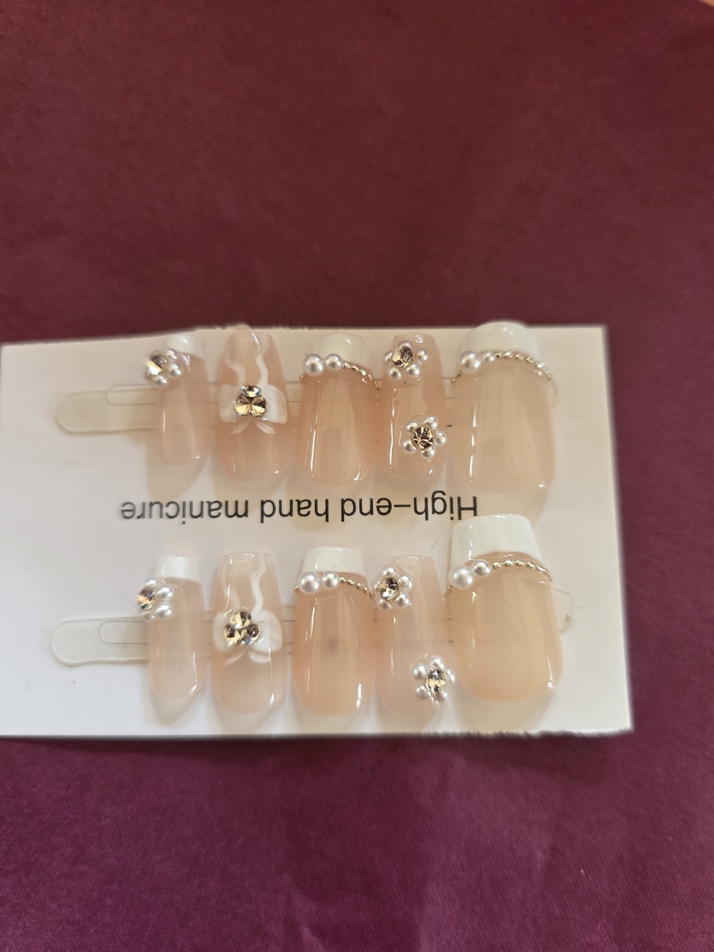 Nude French Tip Press-On Nail Set with Pearl & Rhinestone Accents
